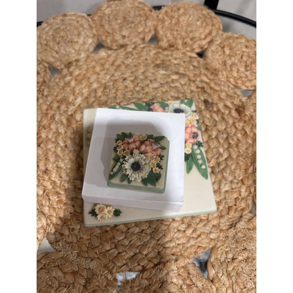 Vintage Floral Memo Holder and Paperweight Set 3D Sculpted Resin Flowers Cream